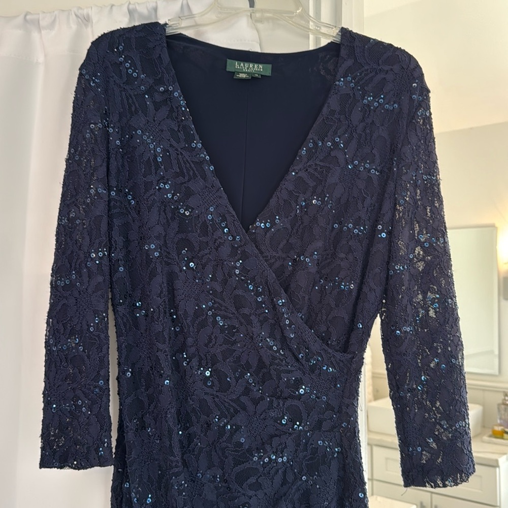 RALPH LAUREN EVENING Elegant Navy Blue Lace Sequin Dress 3/4 sleeve size 12